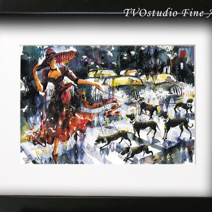 Evening Walk Woman with Dogs Fashion City Art Satin Print Wall Decor Shadowbox